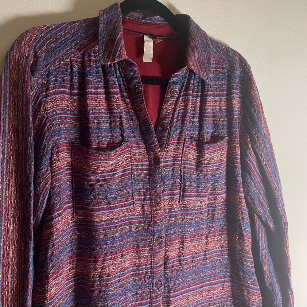 Pilcro Anthropologie Seamed Tunic Buttondown in Metallic Plum Small Wool Blend - Picture 6 of 10